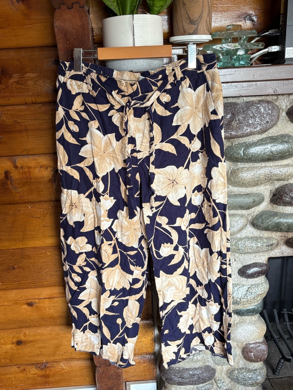 Joie Linen Blend Floral Wide Leg Pants Size 14 Navy Beige Resort Coastal